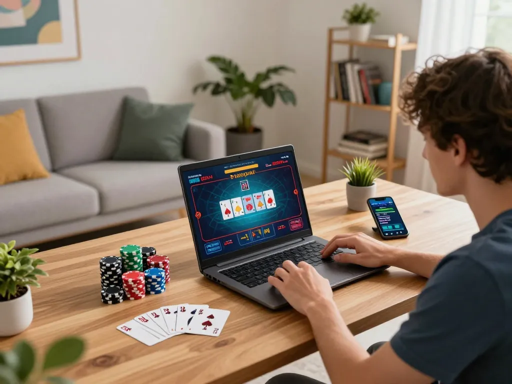 Engaging in online gambling at home with jilipinas app, showcasing poker strategy and personal gaming setup.
