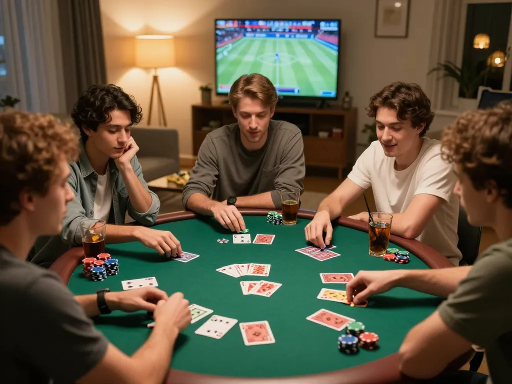 Soi Kèo friends enjoying a poker night with chips and excitement in a cozy home setting