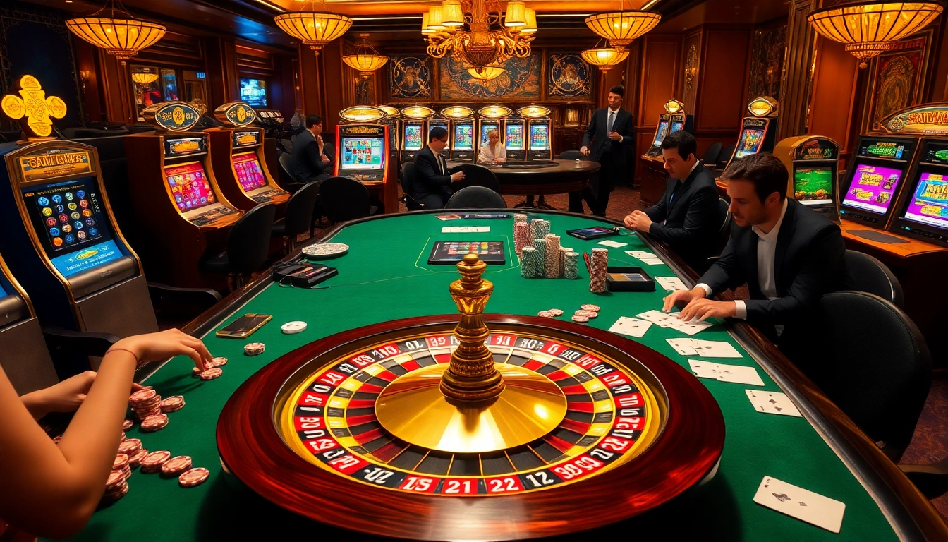 Experience the thrill of raja luck in a luxurious casino scene showcasing roulette, poker chips, and slot machines.