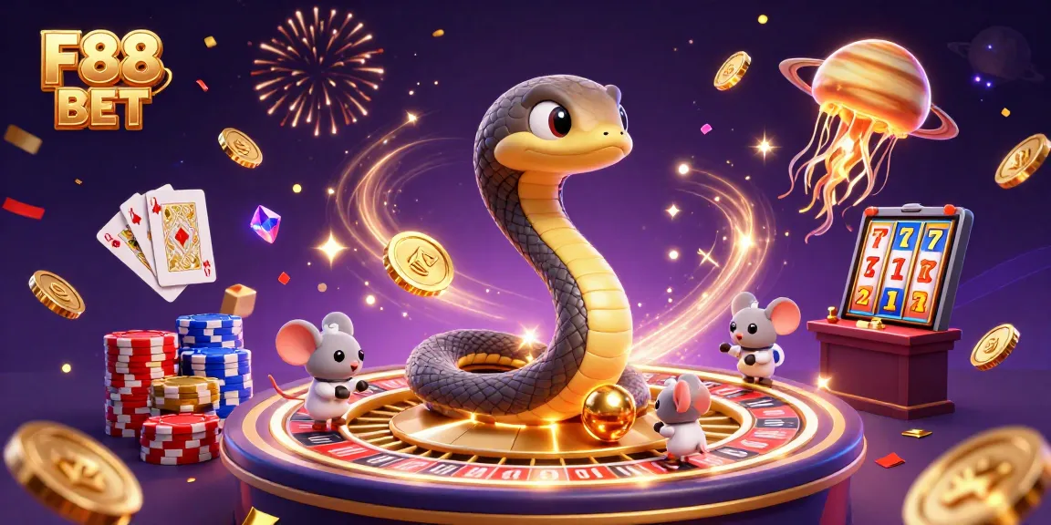 Experience the thrill of F88 BET with astronaut mice betting on a cosmic roulette wheel in a dazzling casino scene.