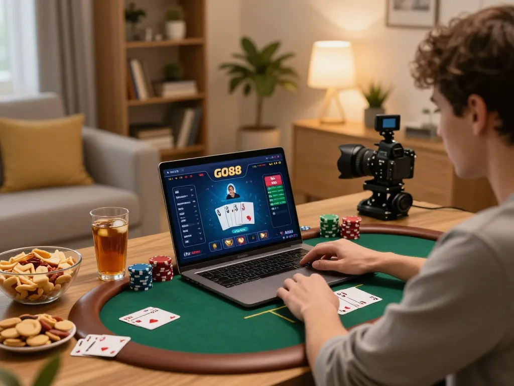 Player engaging with GO88 casino app during an intense online poker session at home.