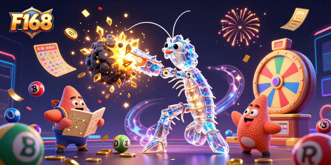 F168 galactic samurai mantis shrimp punches through an asteroid, celebrating casino luck amid vibrant game elements.