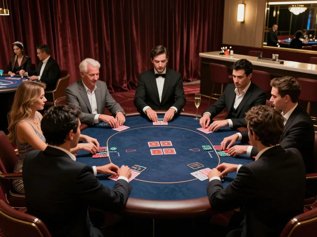 f8beta2 players engaging intensely at a high-roller poker table in an upscale casino setting