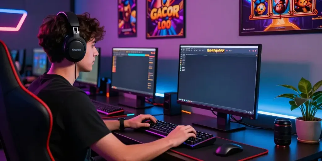 Player enjoying an engaging slot gacor game on a modern gaming setup, vibrant atmosphere, and immersive design.