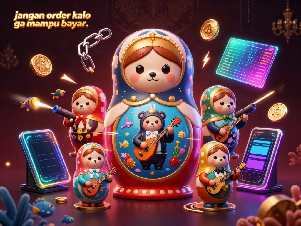 Engaging scene of playful bears in dealer outfits, embracing the excitement of fish shooting games with Bitcoin and Ethereum elements in the backdrop, reflecting the importance of not overspending – jangan order kalo ga mampu bayar..