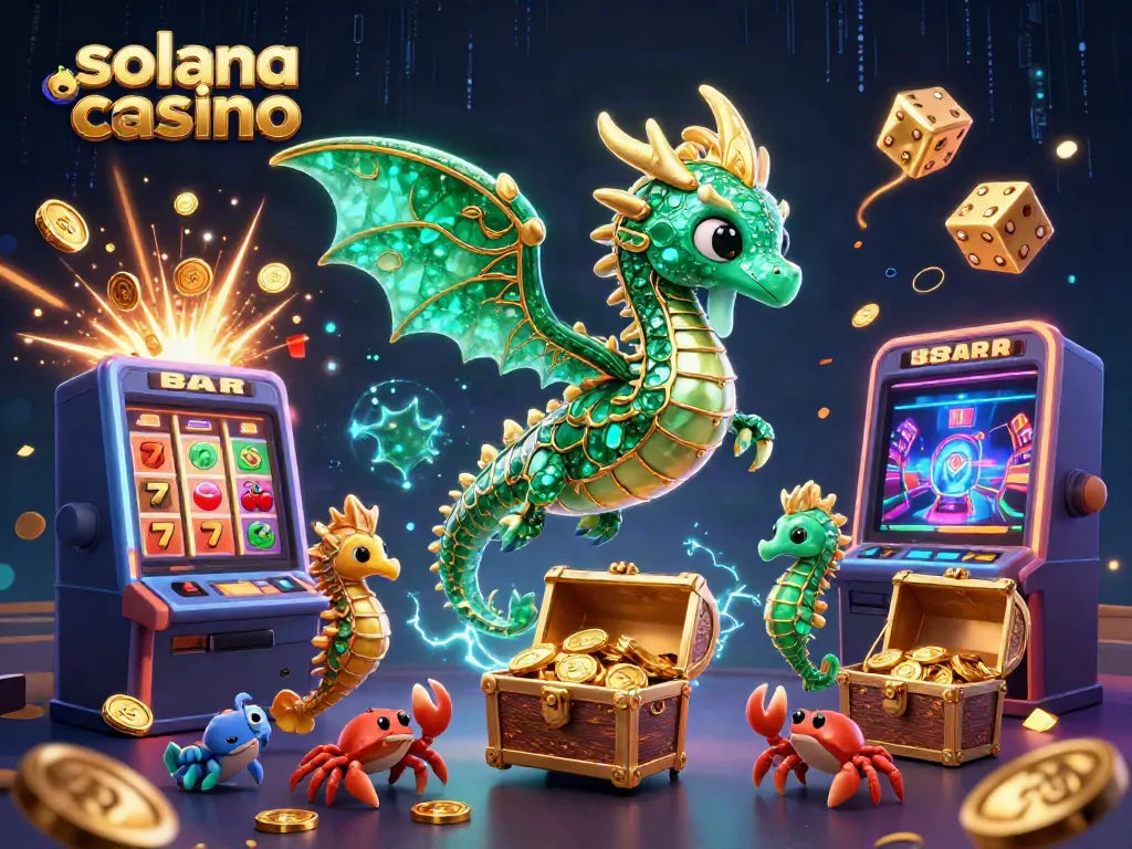 Play exciting games at Solana Casino with a dragon, treasure chest, and slot machine in action!