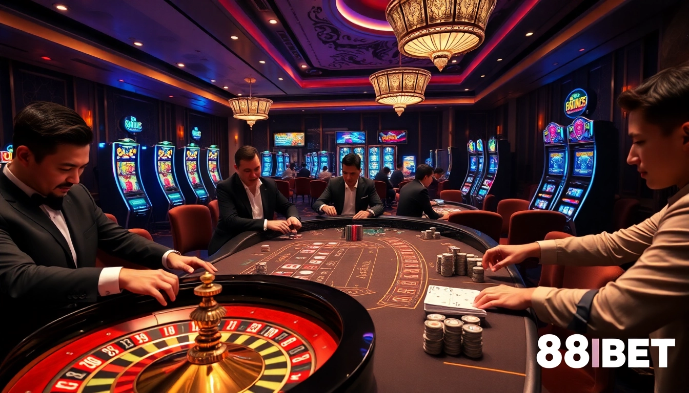 Intense gameplay at F8BET casino with roulette wheels, poker chips, and professional gamblers.