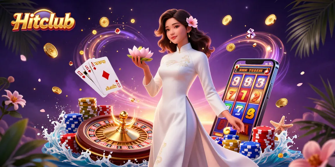 Hitclub showcases elegant gaming moments with a serene Asian woman amidst dynamic casino elements.