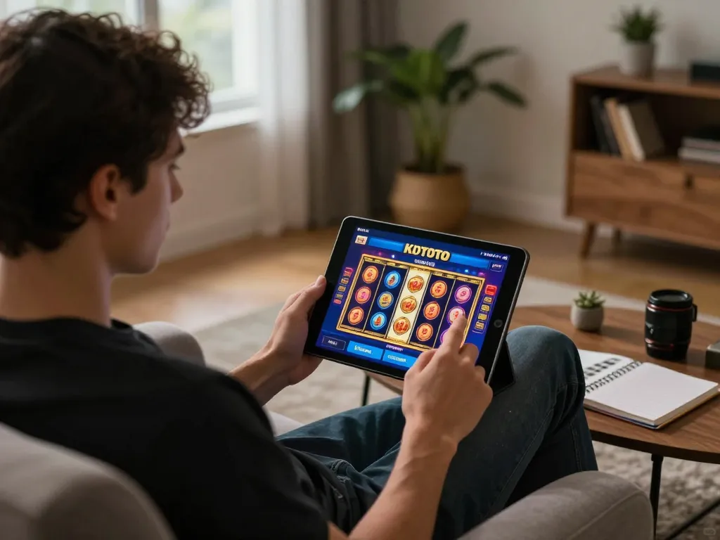 Engaging with KDTOTO's online casino platform while enjoying a cozy home setup with a tablet and strategy notes.