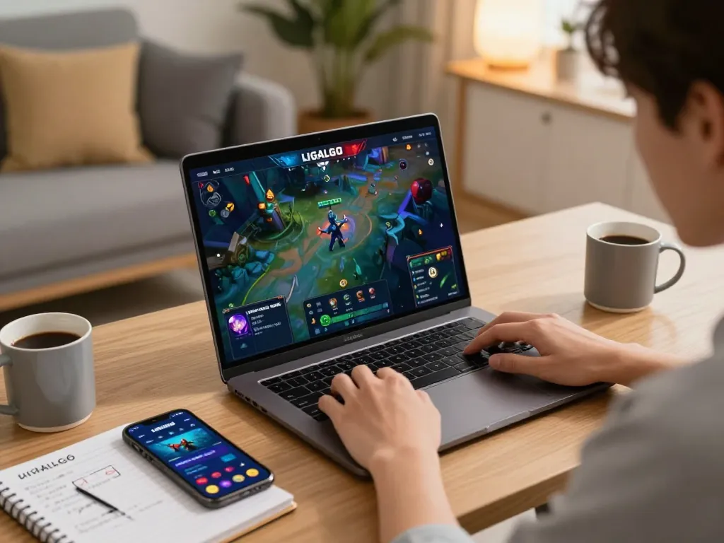 Engaged player enjoying LIGALGO online gaming on a sleek laptop with strategic notes.