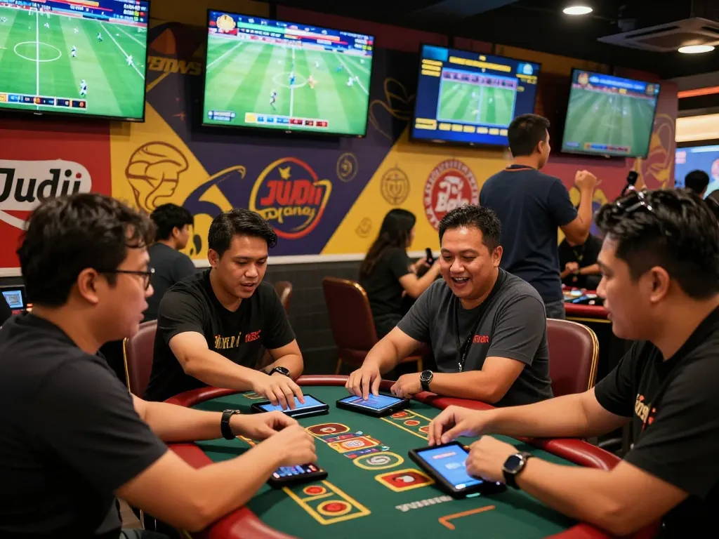Group engaging in Judi Bola betting in a vibrant sports lounge.