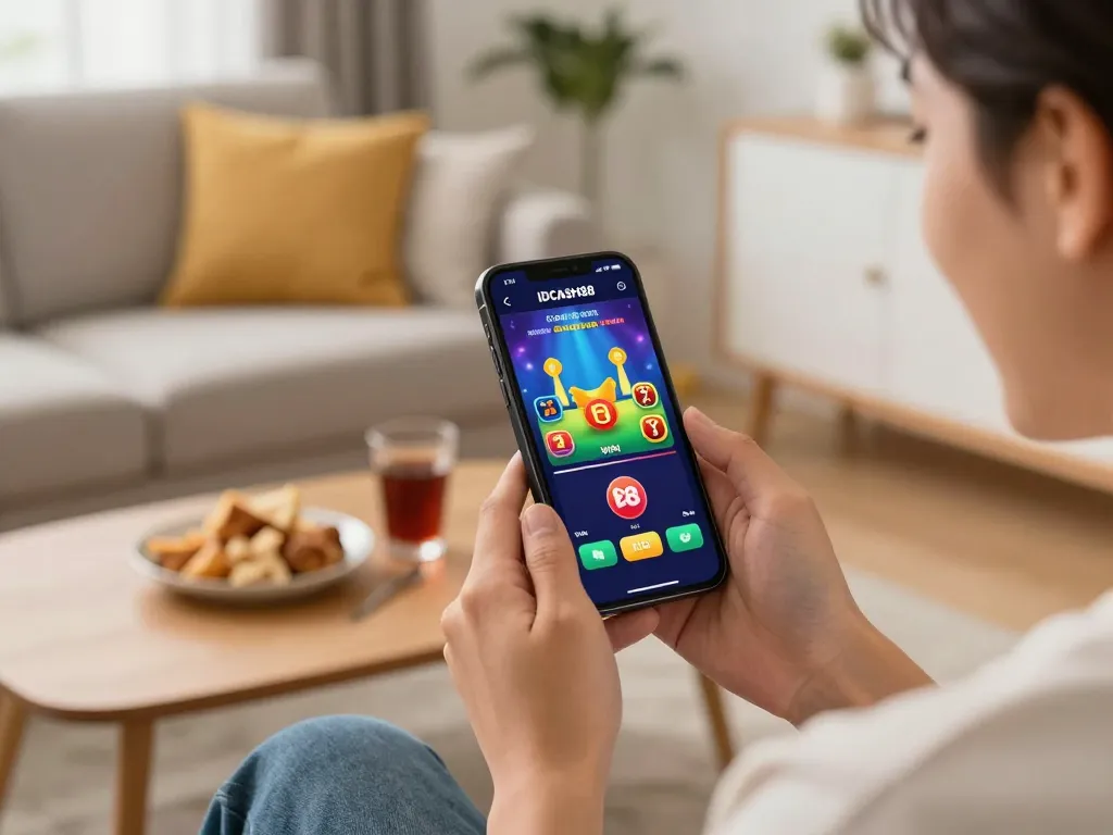 Player enjoying IDCASH88 on mobile app, celebrating a win in a cozy living room.
