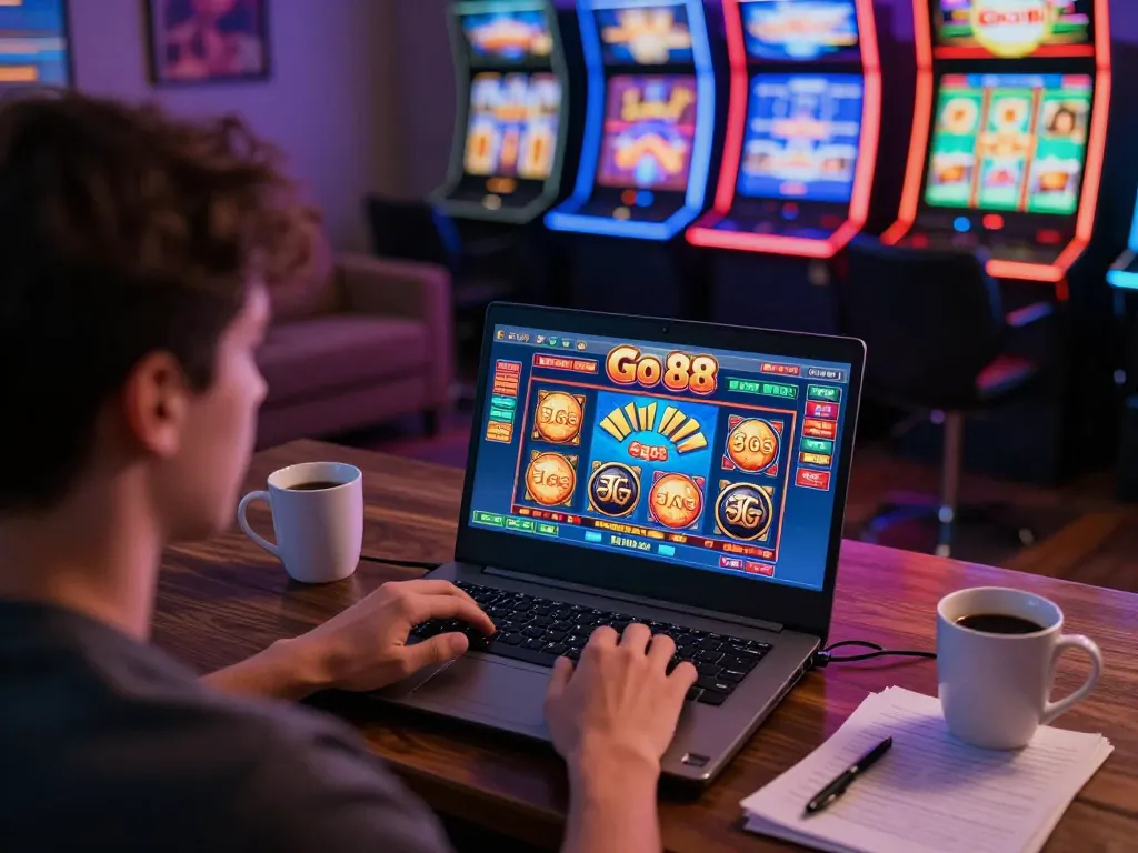 Engaging in online casino gaming with Go 88 slots, strategic gameplay highlighted in modern setting
