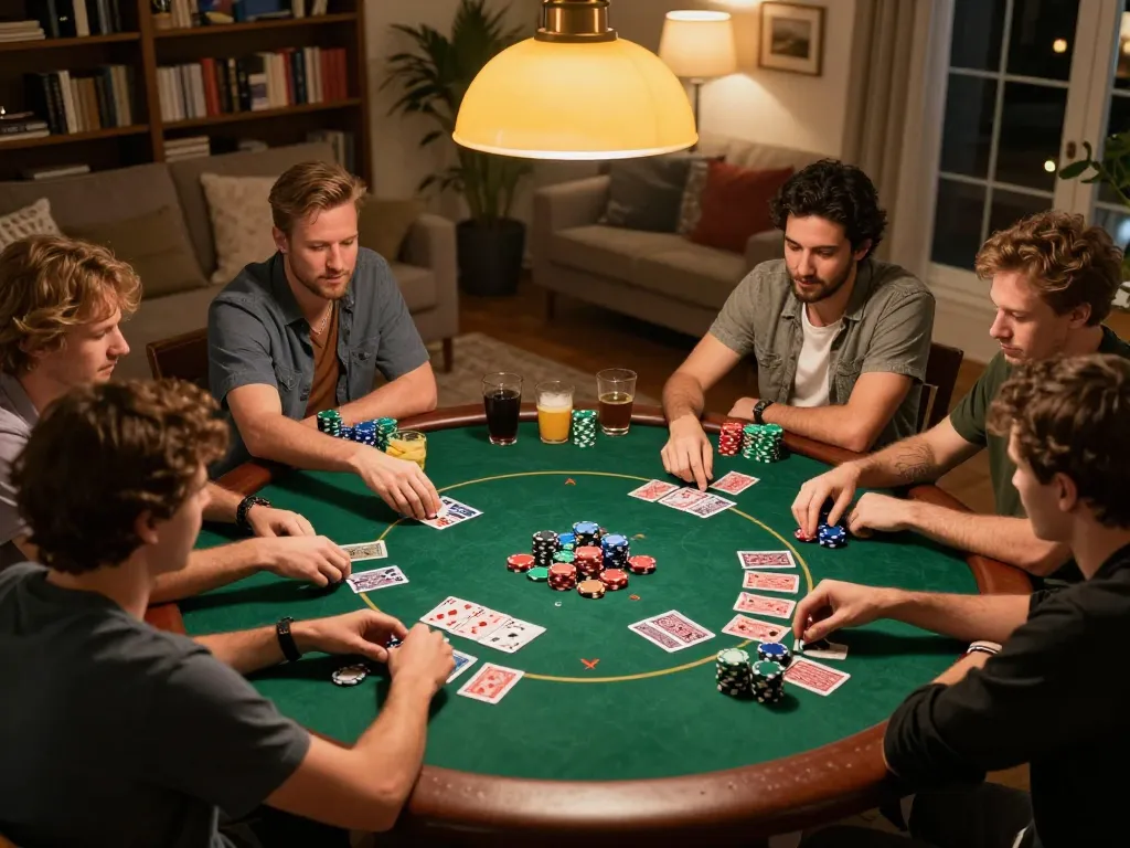 Friends enjoying a poker game at home, emphasizing camaraderie and strategy in gambling with 789winh.