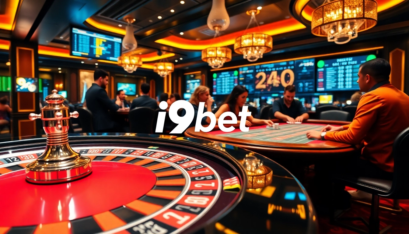 Excited players enjoying a vibrant i9bet poker game in a luxurious casino setting.