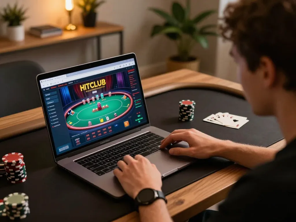 Engaged player using hitclub online platform to strategize for poker game.