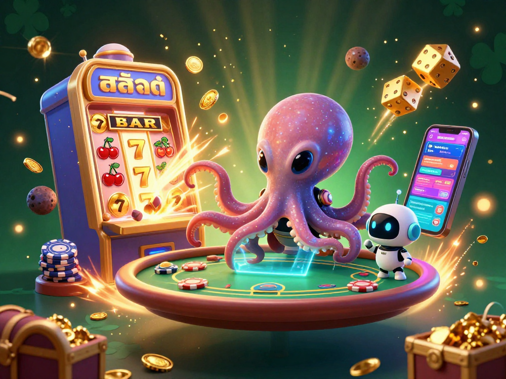 Experience exciting สล็อต action with a vibrant alien octopus at a holographic poker table!