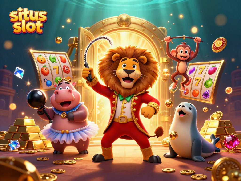 Aksi bermain situs slot dengan singa penggiring sirkus, hippo, monyet, dan anjing laut, berlatar dorongan kekayaan.