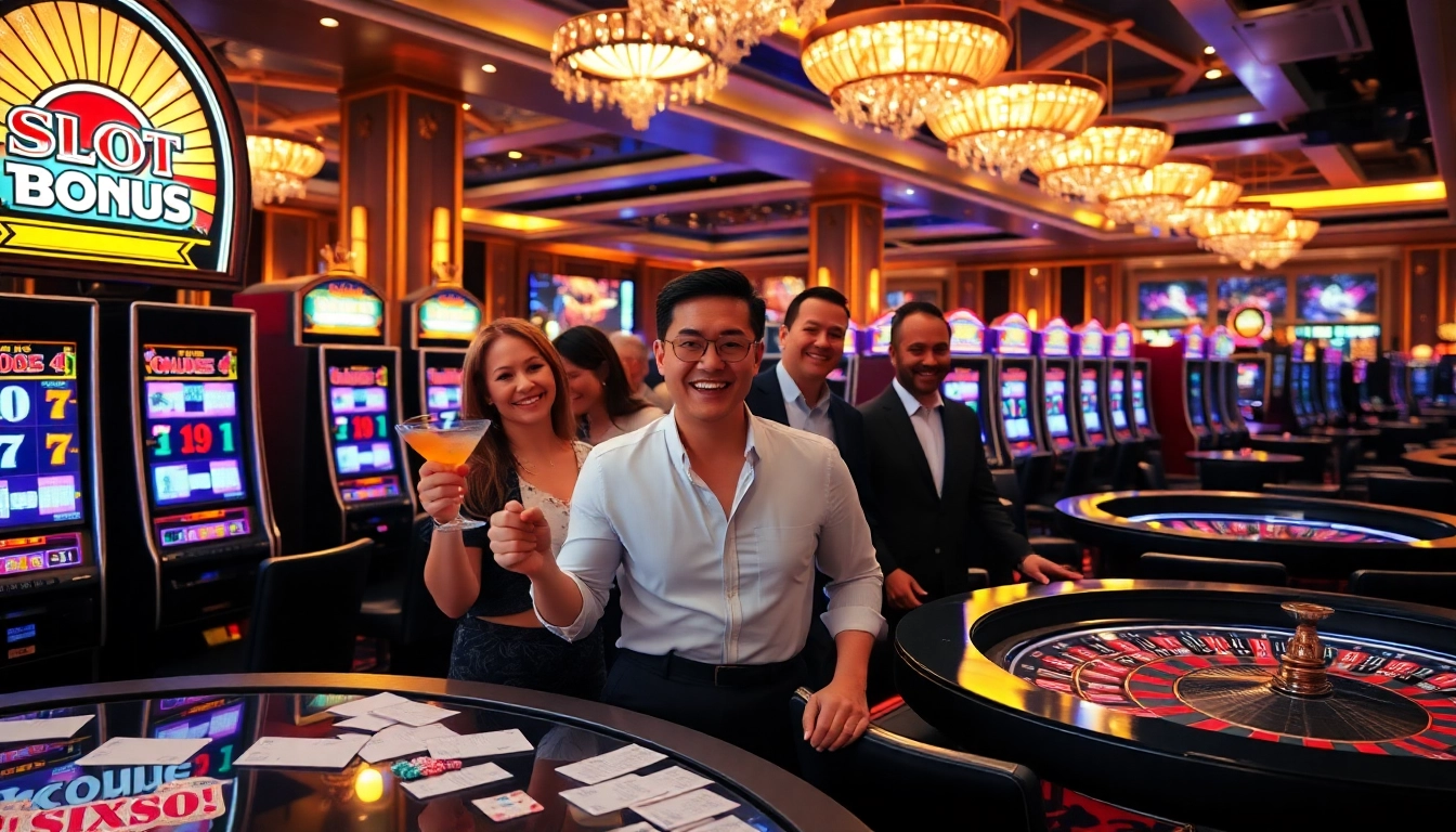 Excited players celebrating a slot bonus at a luxurious casino with vibrant slot machines.