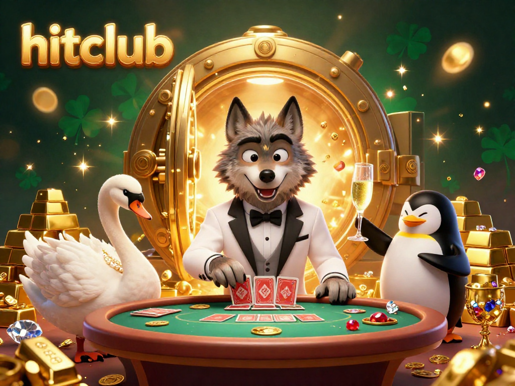 Engage with hitclub's vibrant baccarat scene, featuring a debonair wolf, elegant swan, and sophisticated penguin.