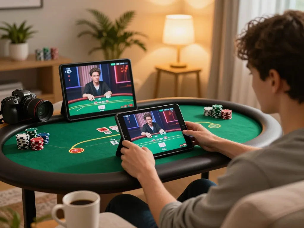 Bermain poker online di tablet, menunjukkan antarmuka interaktif di https://www.youngsmarts.com/download.htm dalam suasana rumah yang nyaman.