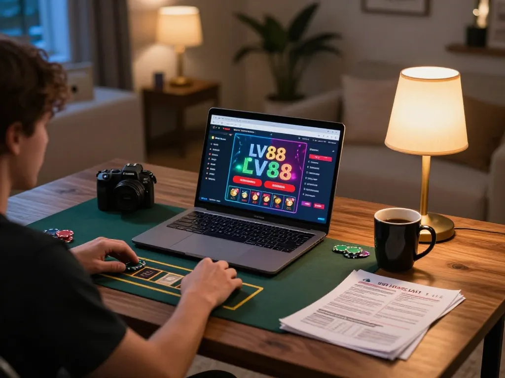 Player enjoying an online LV88 casino game at home, highlighting strategic gameplay.
