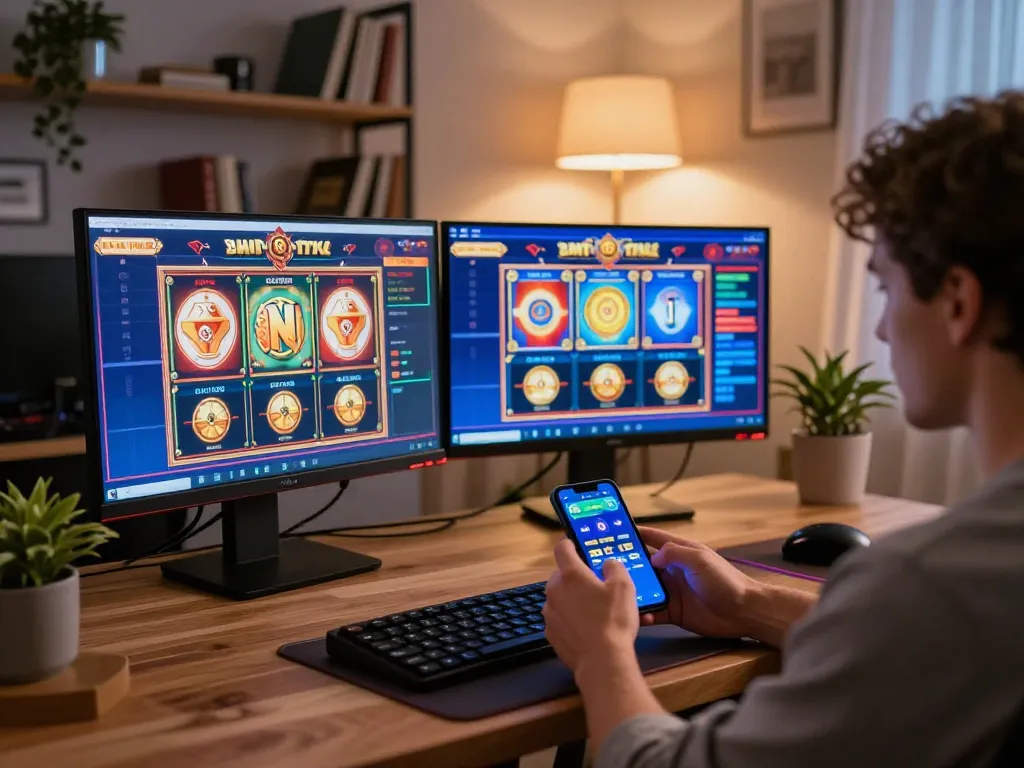 Player engaging with situs slot gacor on multiple screens, showcasing an immersive online casino experience.