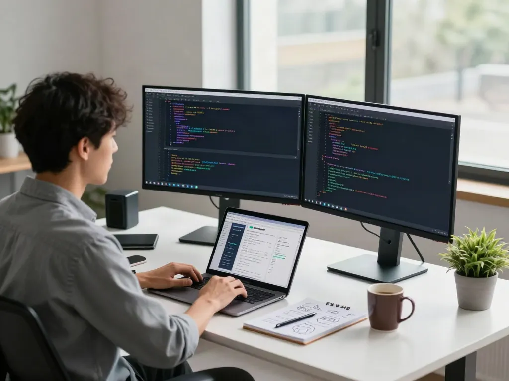 A80 information platform showcased in a modern tech workspace featuring a developer coding with dual monitors and sleek gadgets.