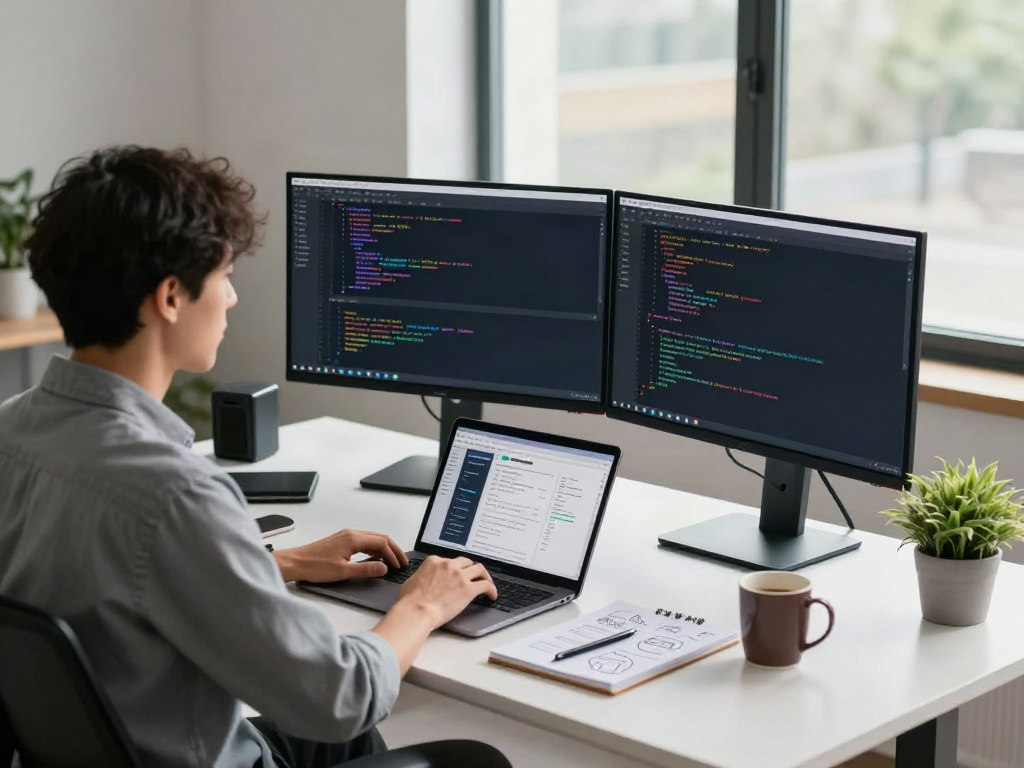 A80 information platform showcased in a modern tech workspace featuring a developer coding with dual monitors and sleek gadgets.