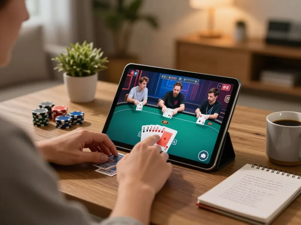 8xbet players engaging in exciting online poker on a tablet, showcasing the thrill of responsible gaming.