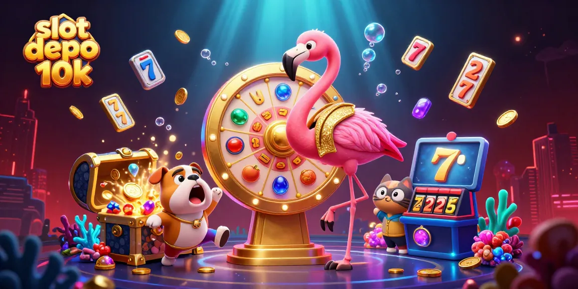 Experience slot depo 10k excitement with a vibrant scene of games, prizes, and thrilling casino elements.