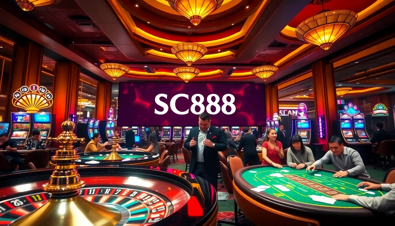 Engaging casino atmosphere showcasing SC88 banner, lively poker tables, and roulette wheel.