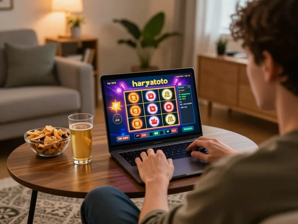 Berinteraksi dengan hargatoto slot dalam suasana rumah yang nyaman, menekankan strategi permainan online.