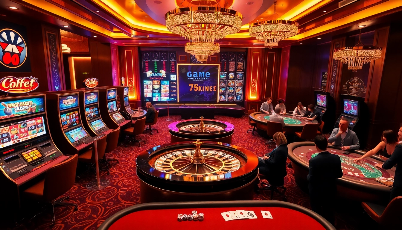 Engage with 'trang chủ 79king' at a luxurious casino featuring vibrant slot machines and a roulette wheel.