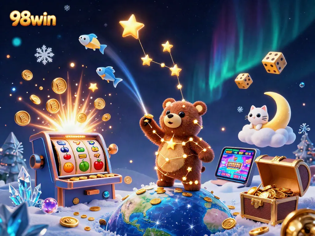Experience thrilling casino action with 98win and vibrant gaming elements bursting around a constellation bear.
