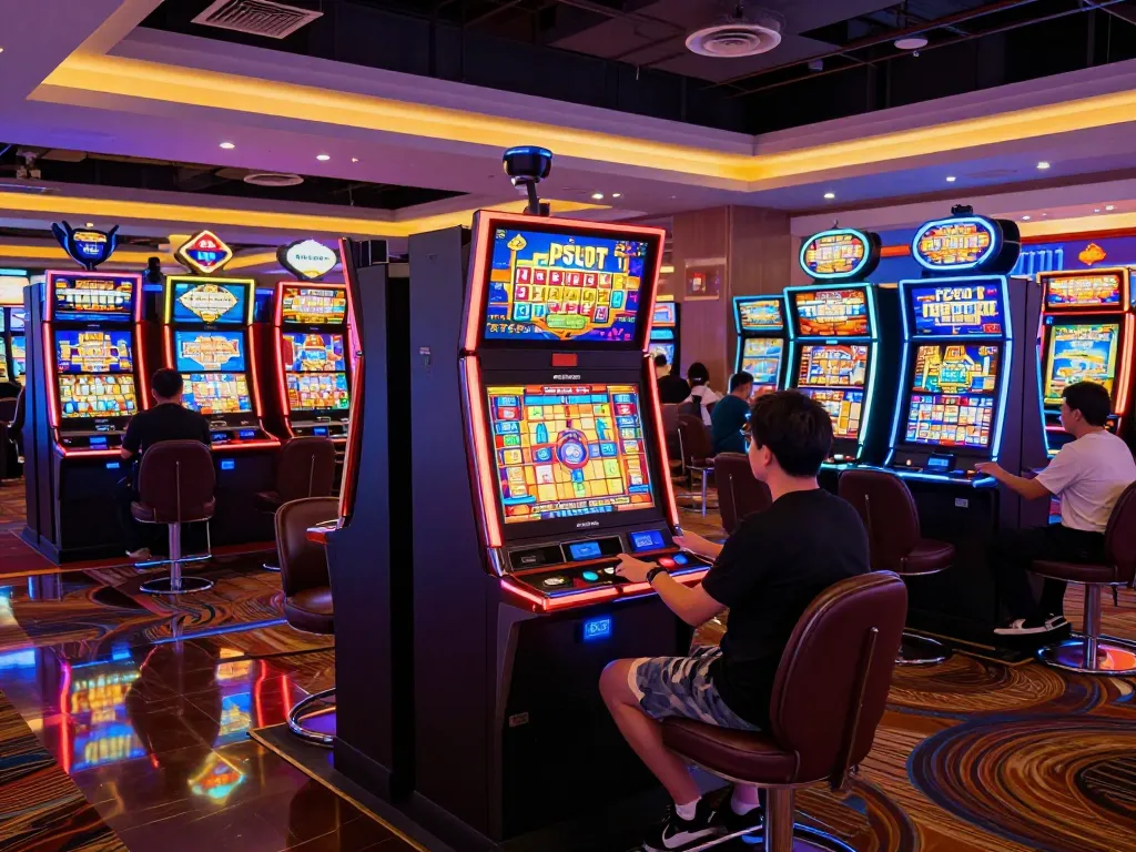 Players enjoying PGSLOT action at vibrant slot machines in an upscale casino setting
