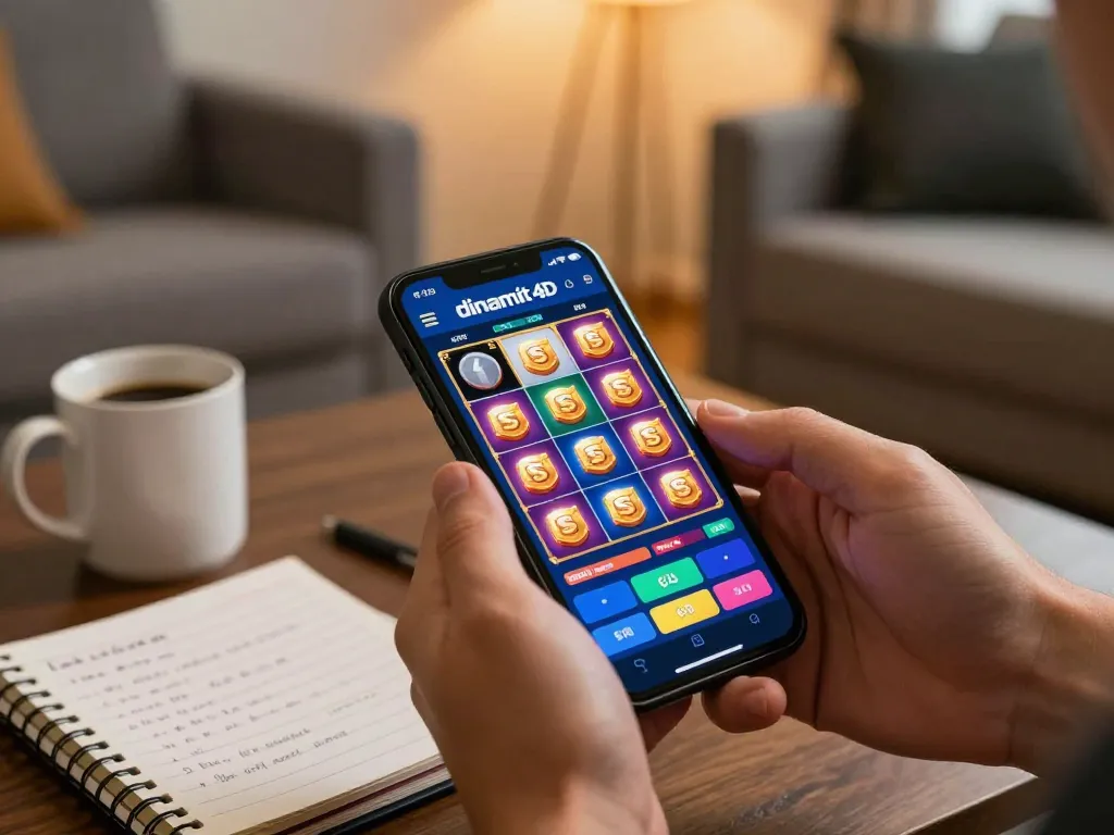 Player enjoying the dinamit4d app while engaging in strategic online gambling at home