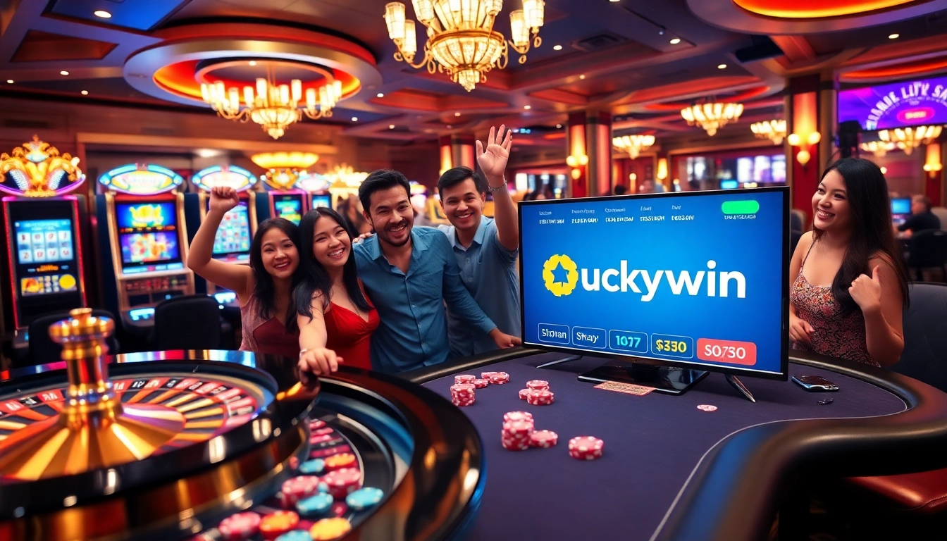 Gamblers celebrating a win at Luckywin casino with vibrant slot machines and roulette.