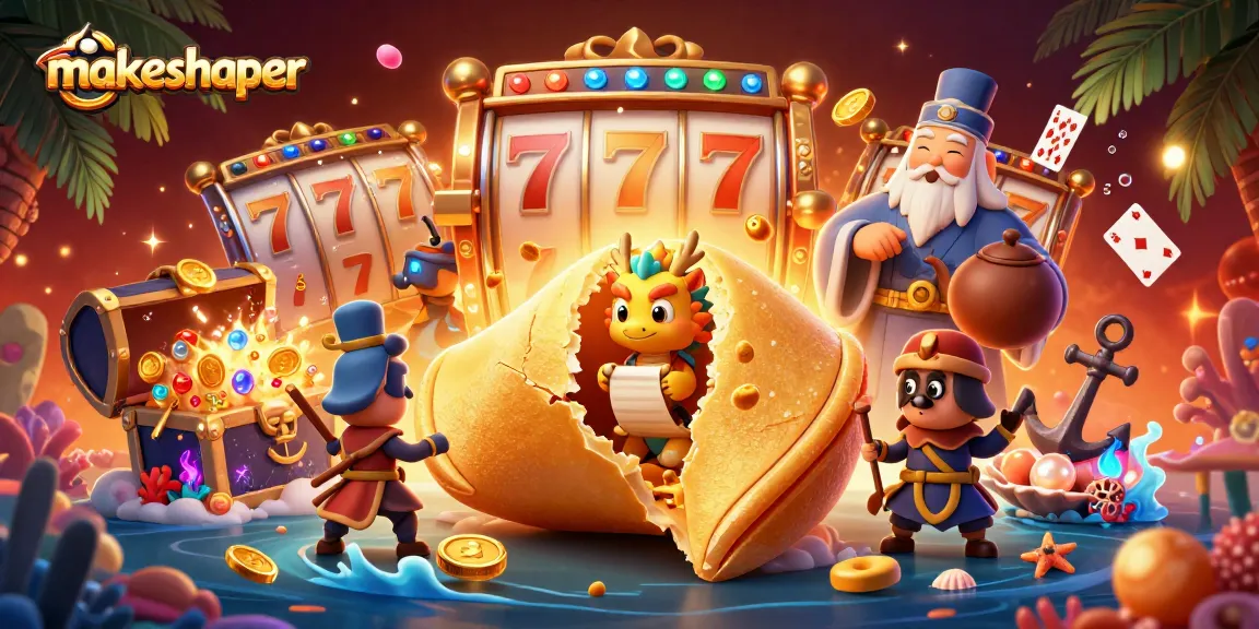 Boost your gaming with makeshaper's vibrant casino-themed 3D illustration showcasing fortune elements and slot symbols.
