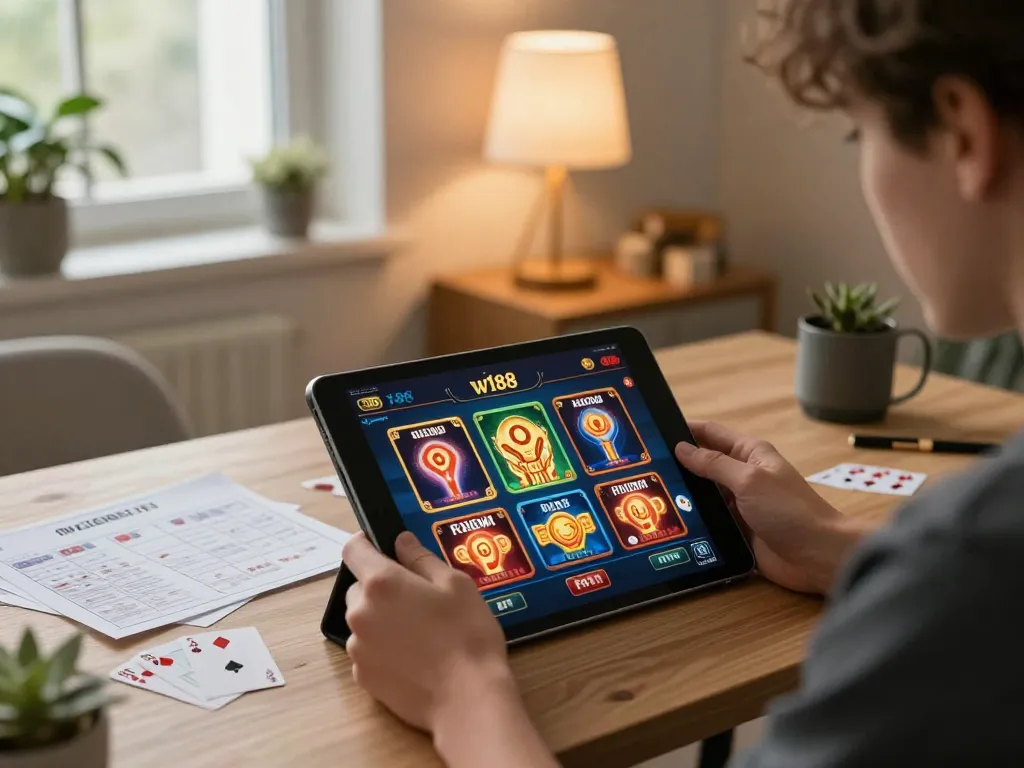 w188 gaming scene with player using tablet for online slots in a cozy home setting