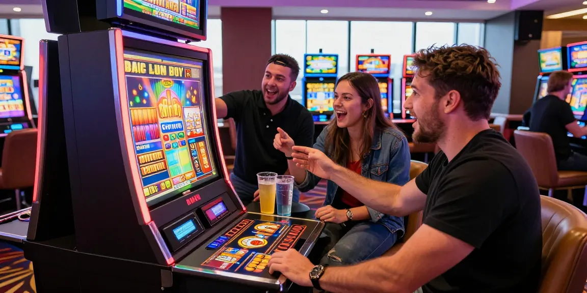 Friends enjoying bonus buy slots together in a lively casino atmosphere.