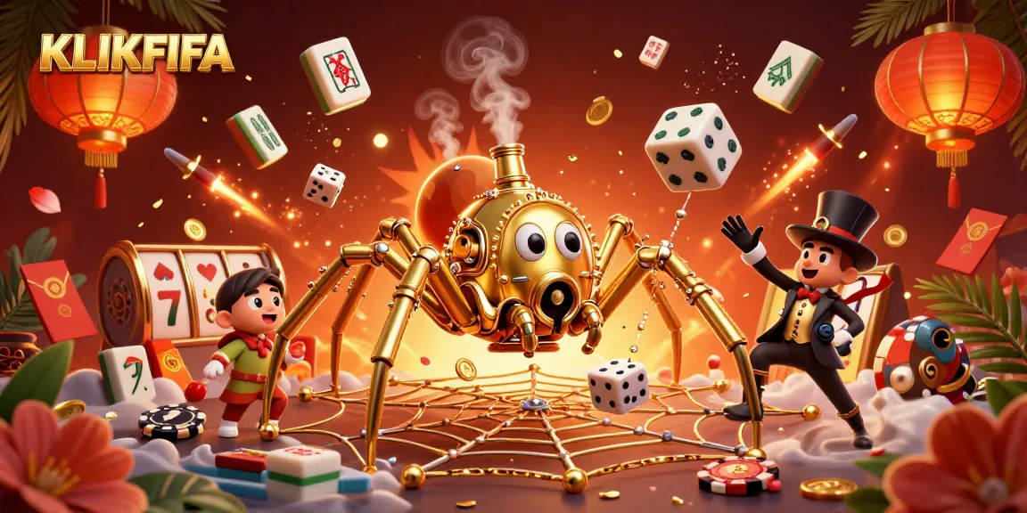 KLIKFIFA features a steampunk spider in an intricate web with poker chips, integrating captivating gambling elements and colors.