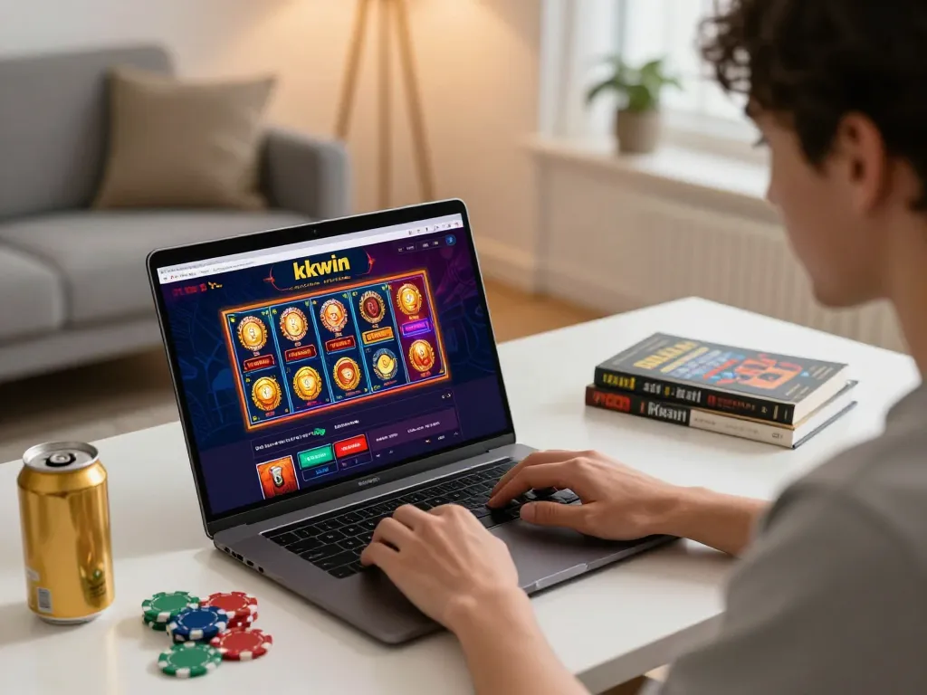 Player engaging with kkwin casino online interface on laptop, surrounded by casino chips in a stylish home setup.