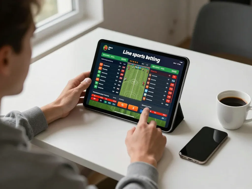 Engaged player using nk88 platform for strategic sports betting on tablet in a cozy home office