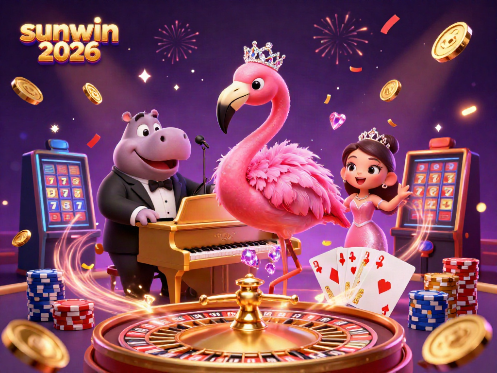 Experience exciting gameplay at sunwin 2026 with a vibrant 3D casino scene packed with dynamic characters and elements.