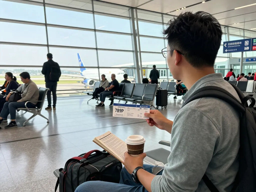 Traveler at airport boarding for 789P flight with guidebook and coffee.