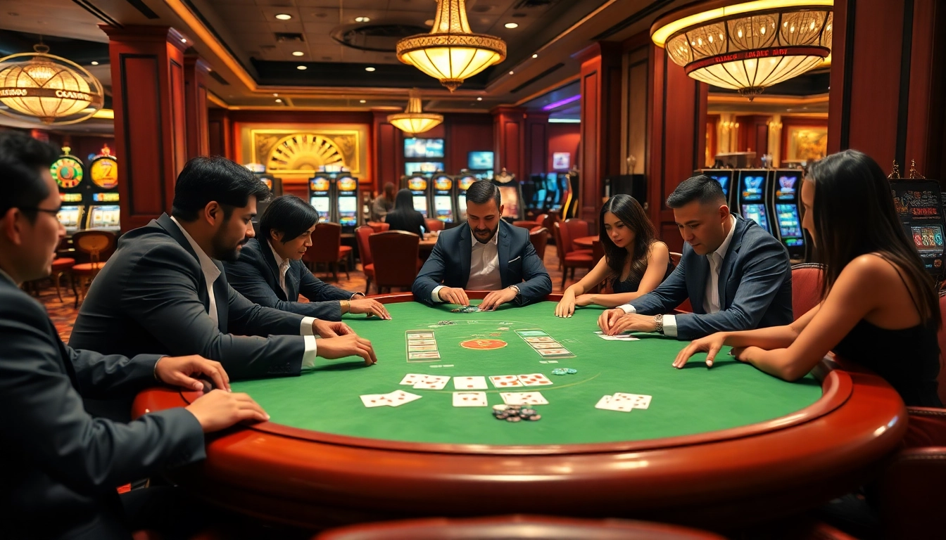 Players strategizing intensely at a uu88 poker table, surrounded by vibrant casino visuals.
