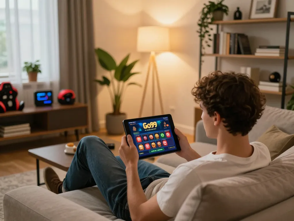 Engaged user plays casino games on Go99 app in a cozy living room setting.