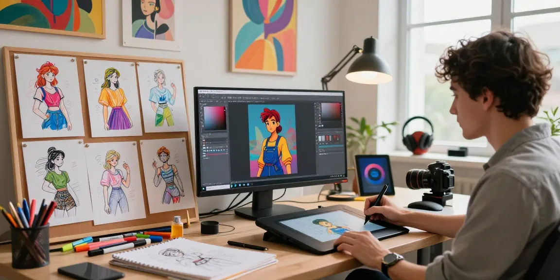 Artist designing NSFW AI characters in a colorful digital art studio.