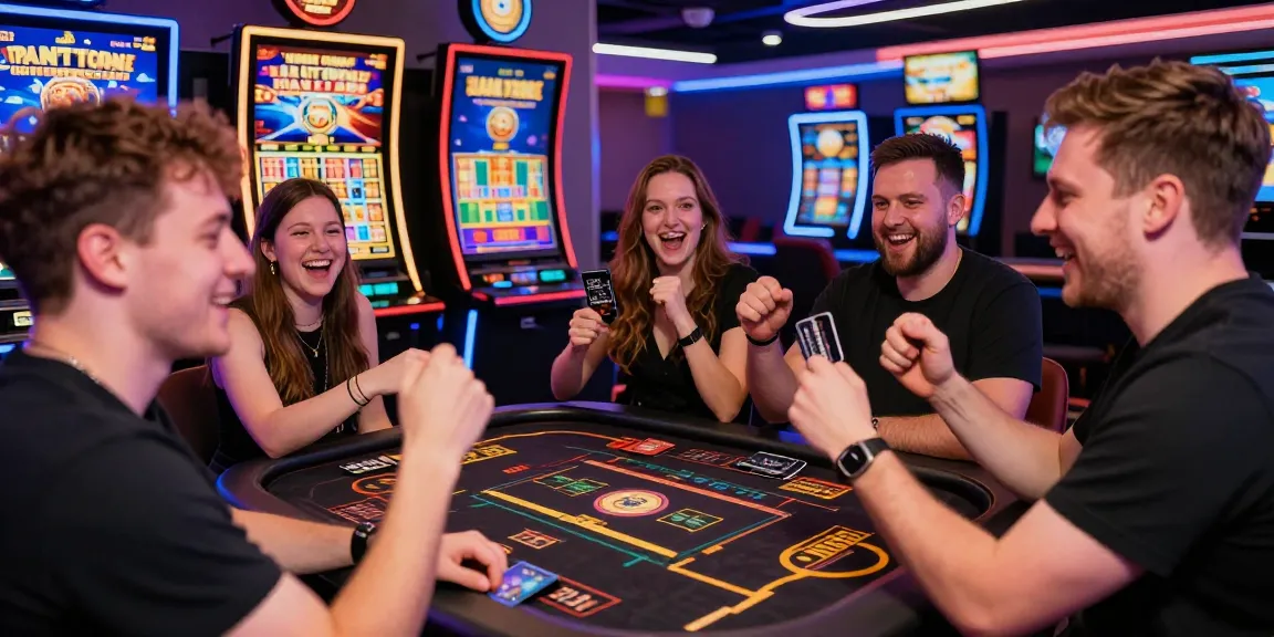 Exciting online gaming scene at credit card casinos featuring friends celebrating a win at https://thegbhouse.co.uk/ with vibrant displays and lively atmosphere.